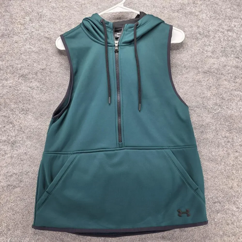 Under Armour Hoodie Mens S Green Vest 1/4 Zip Hooded Pockets Fleece ColdGear